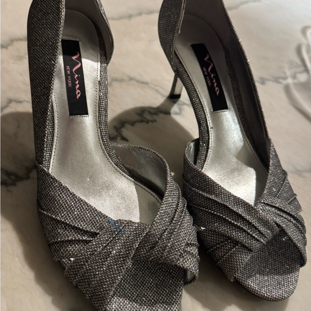 Nina Metallic Silver Peep-Toe Knot Heels